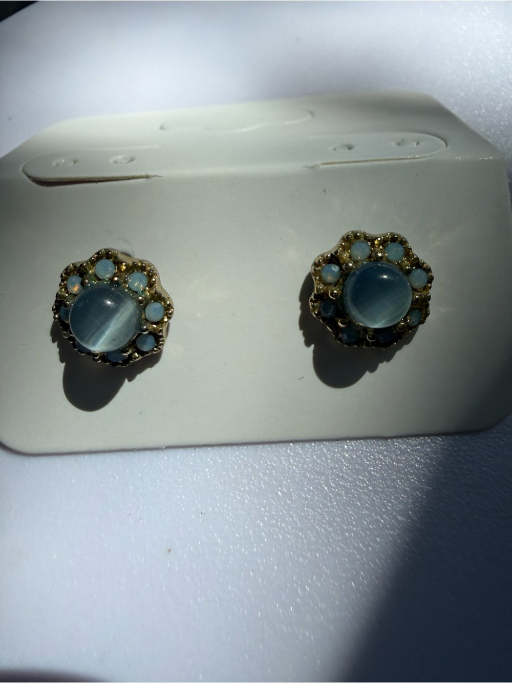 Gold-Tone Light Blue Floral Cat's Eye Stud Earrings - Women Jewelry - Picture 3 of 3